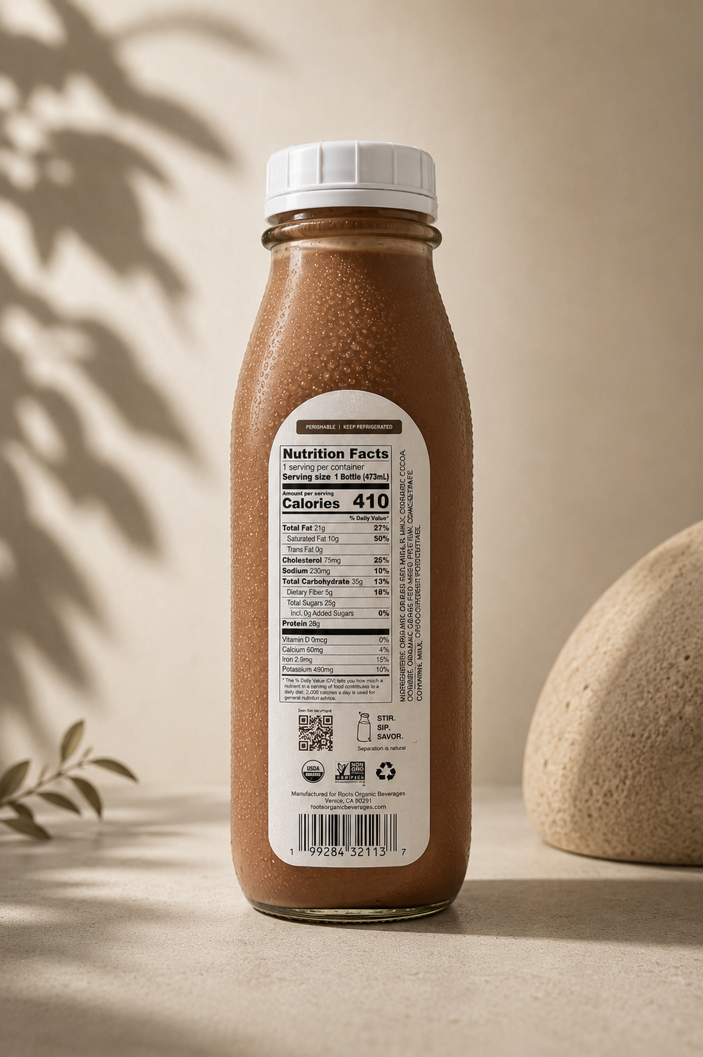 Roots Dark Chocolate nutrition label showing 410 calories and 28g protein per bottle