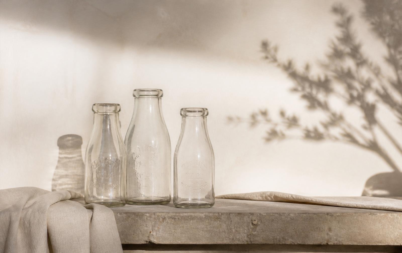 Empty glass milk bottles on stone shelf